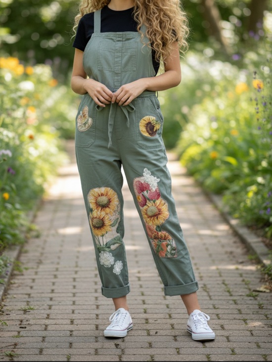 Celebrity Pink Pants - Celebrity Pink Olive Green Sunflower Print Cotton Jumpsuit